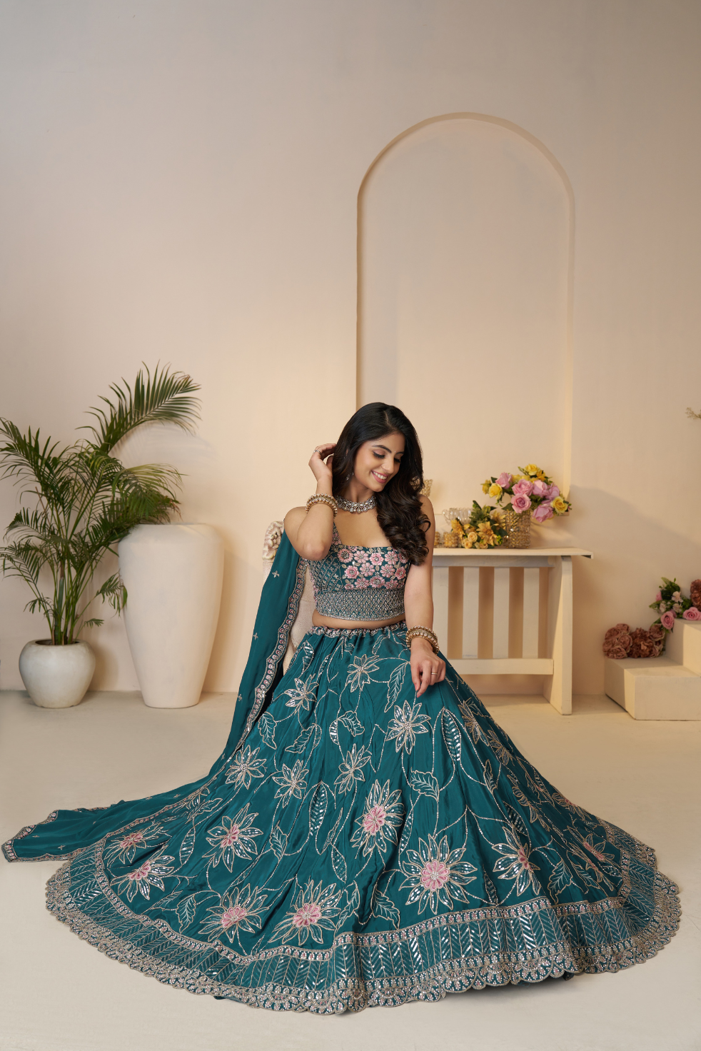 Blue Bridesmaid Lehenga with Sequin Shine and Floral Embellishments - qivii