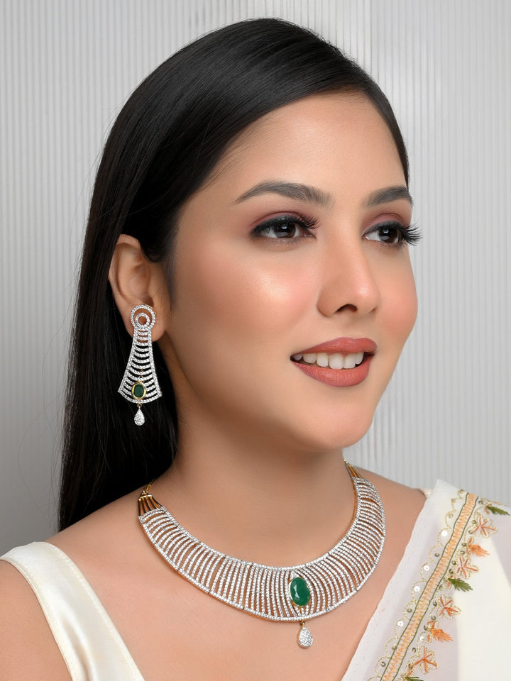 Faiza Green American Diamond Set necklace crafted of Gold Plated Brass Metal