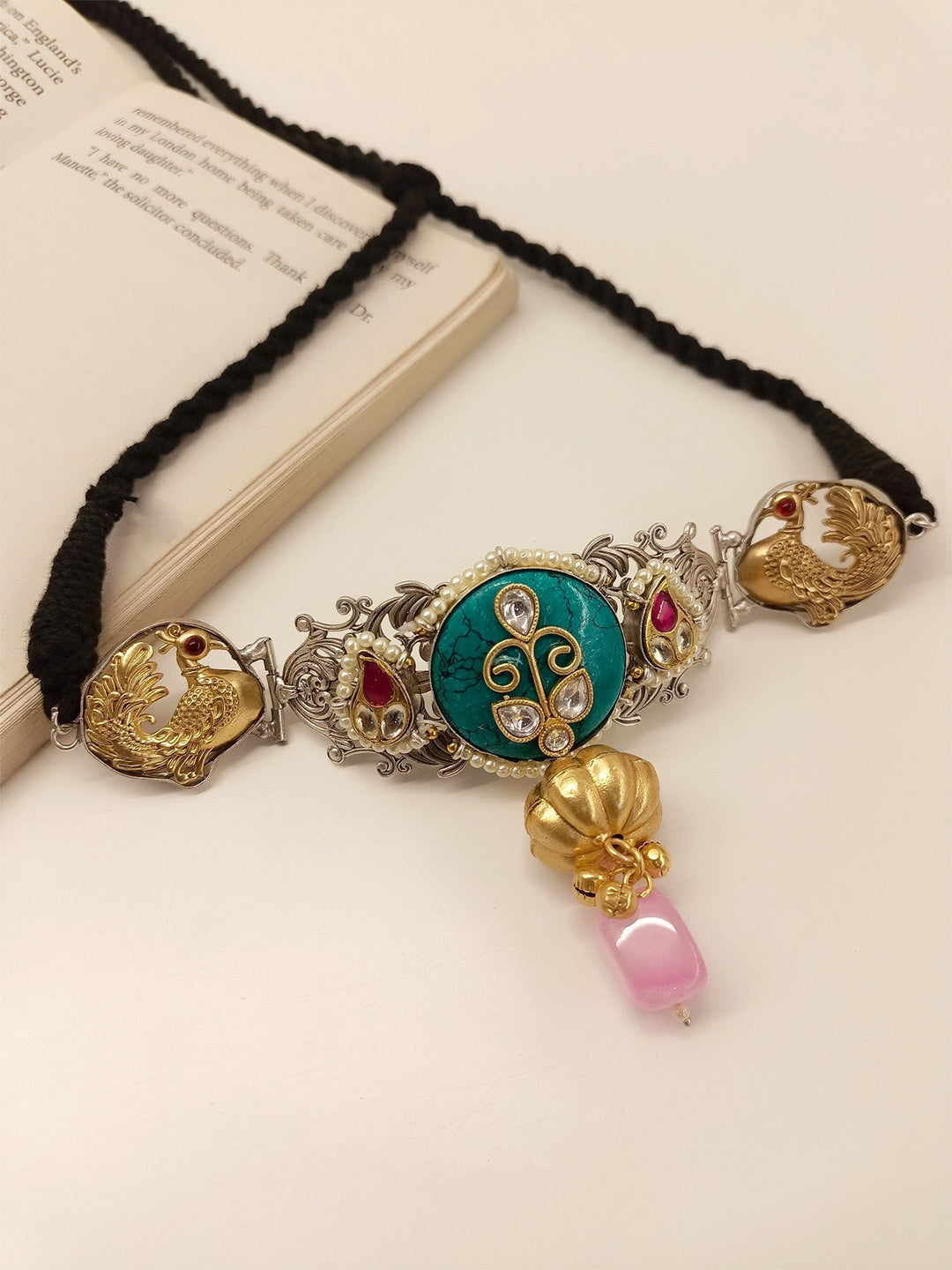 Dwij Firozi Boutique Choker, handmade with turquoise beads and gold accents