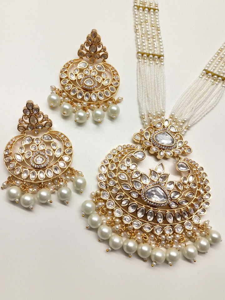 Alora White Long Kundan Necklace Set - qivii