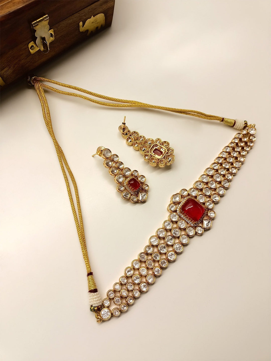  Stunning red stone Kundan choker and earrings set for any event 