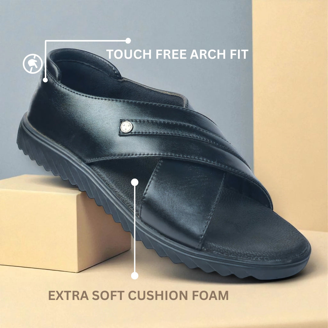 EAGLE P977372 Men's BLACK Sandal/Extra Soft Touch Free,Archfit Sandal Ethnic Wear Leather Navratri Fashion Footwear. - qivii