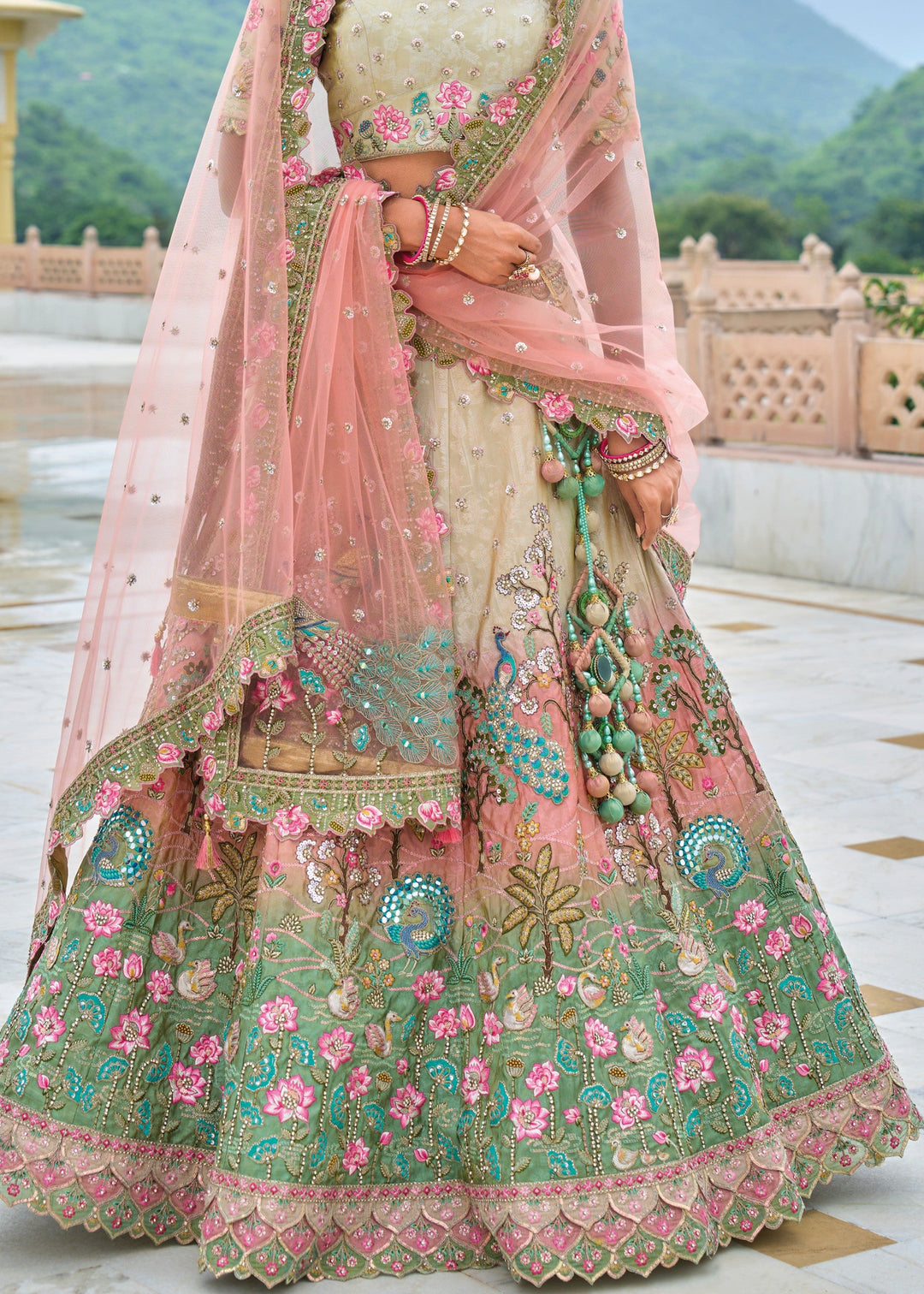 Pista Green and peach Viscose Tissue Lehenga Choli with Embroidery Work : Top Pick | Ready To Wear - qivii