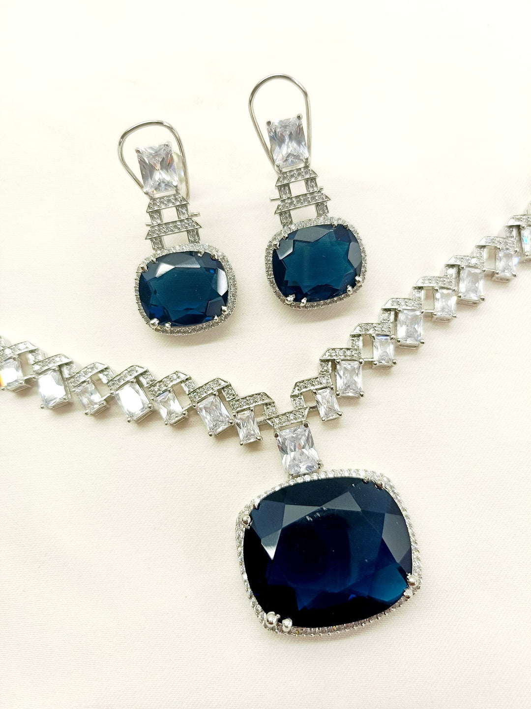 Kamia Navy Blue American Diamond Necklace Set - qivii