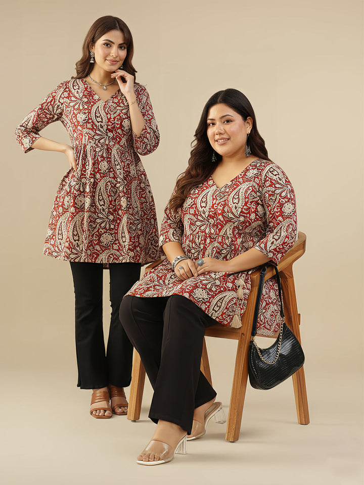 Plus Size Maroon Pure Cotton Paisley Printed Peplum Tunic - qivii
