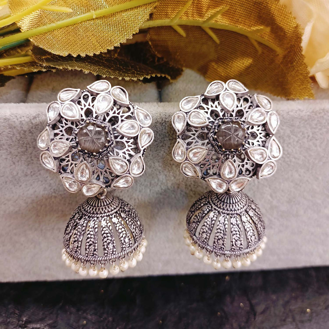Meenal Charcoal Stone Silver Plated Boutique Jhumki - qivii