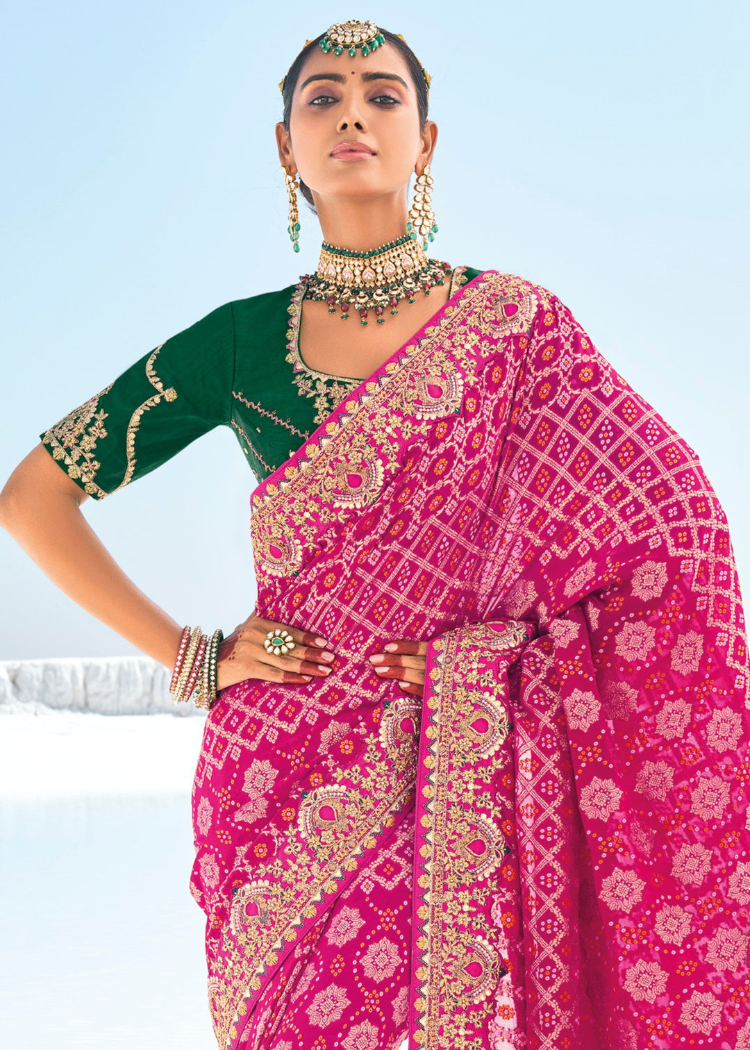 Hot Pink Pure Georgette Bandhani Patola With Zari Weaving Heavy Work Saree - qivii