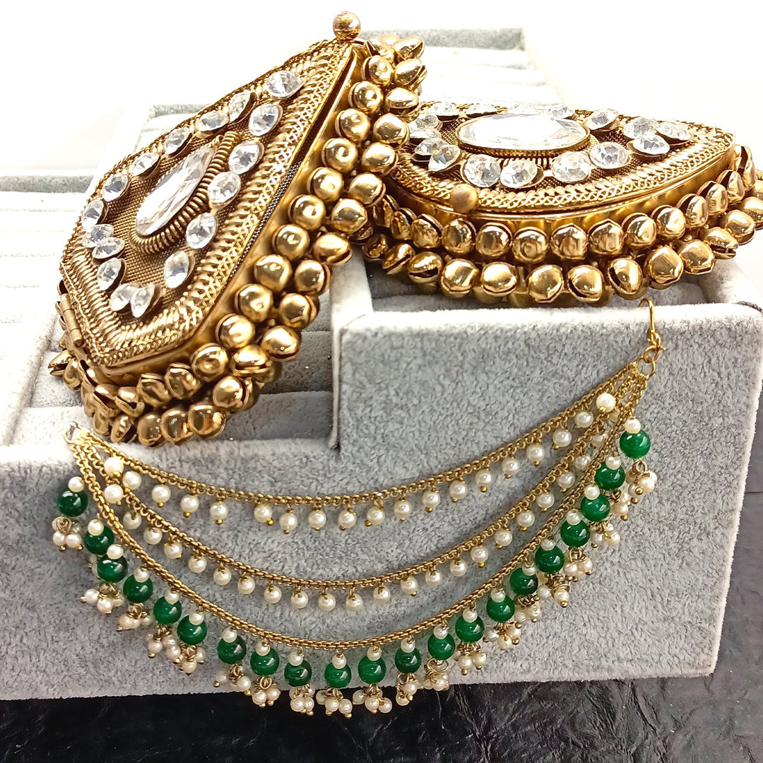Manpreet Green Emerald Gold Plated Ear Chain - qivii