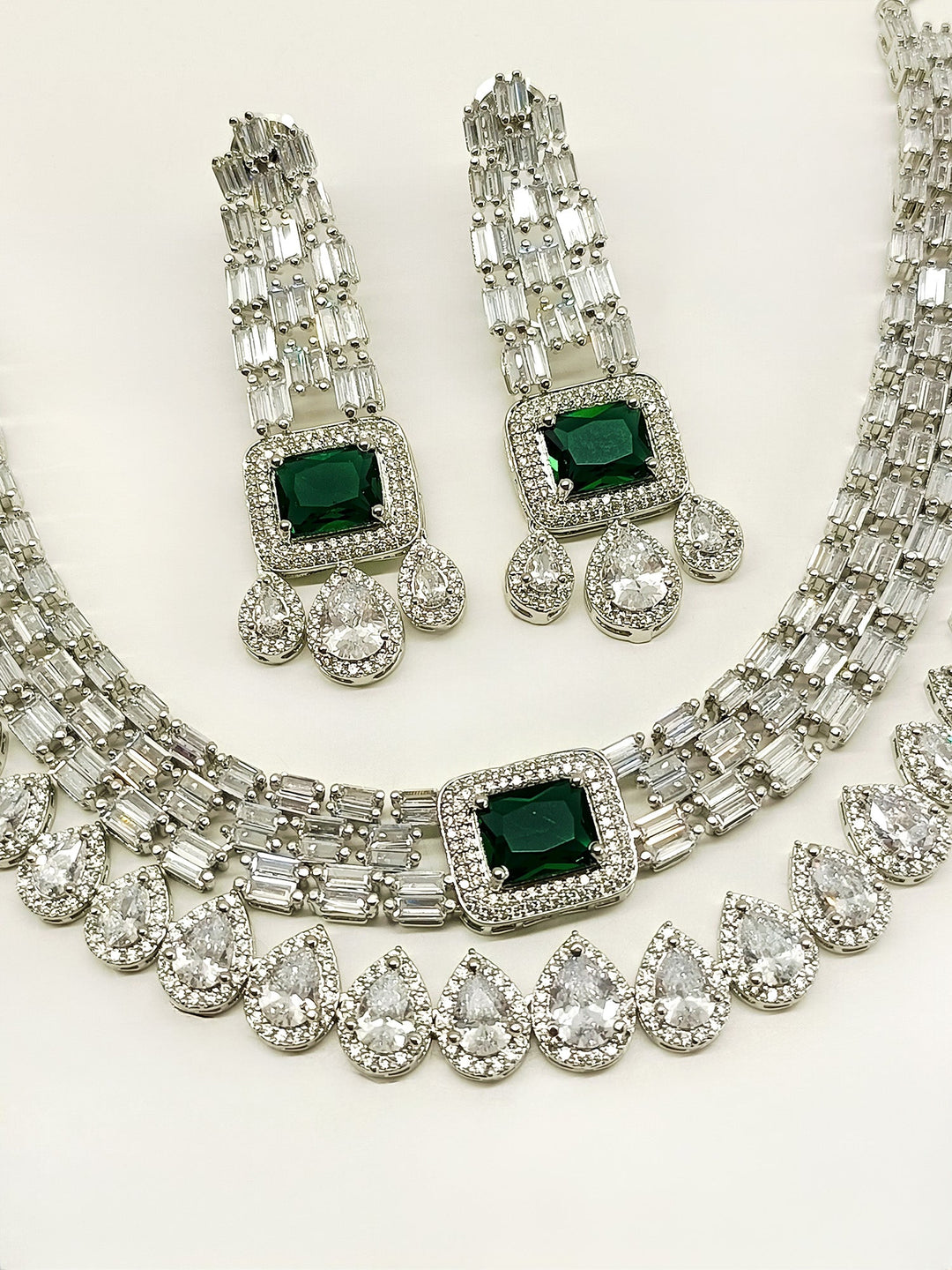 Shya Green Double Layer American Diamond Necklace Set - qivii