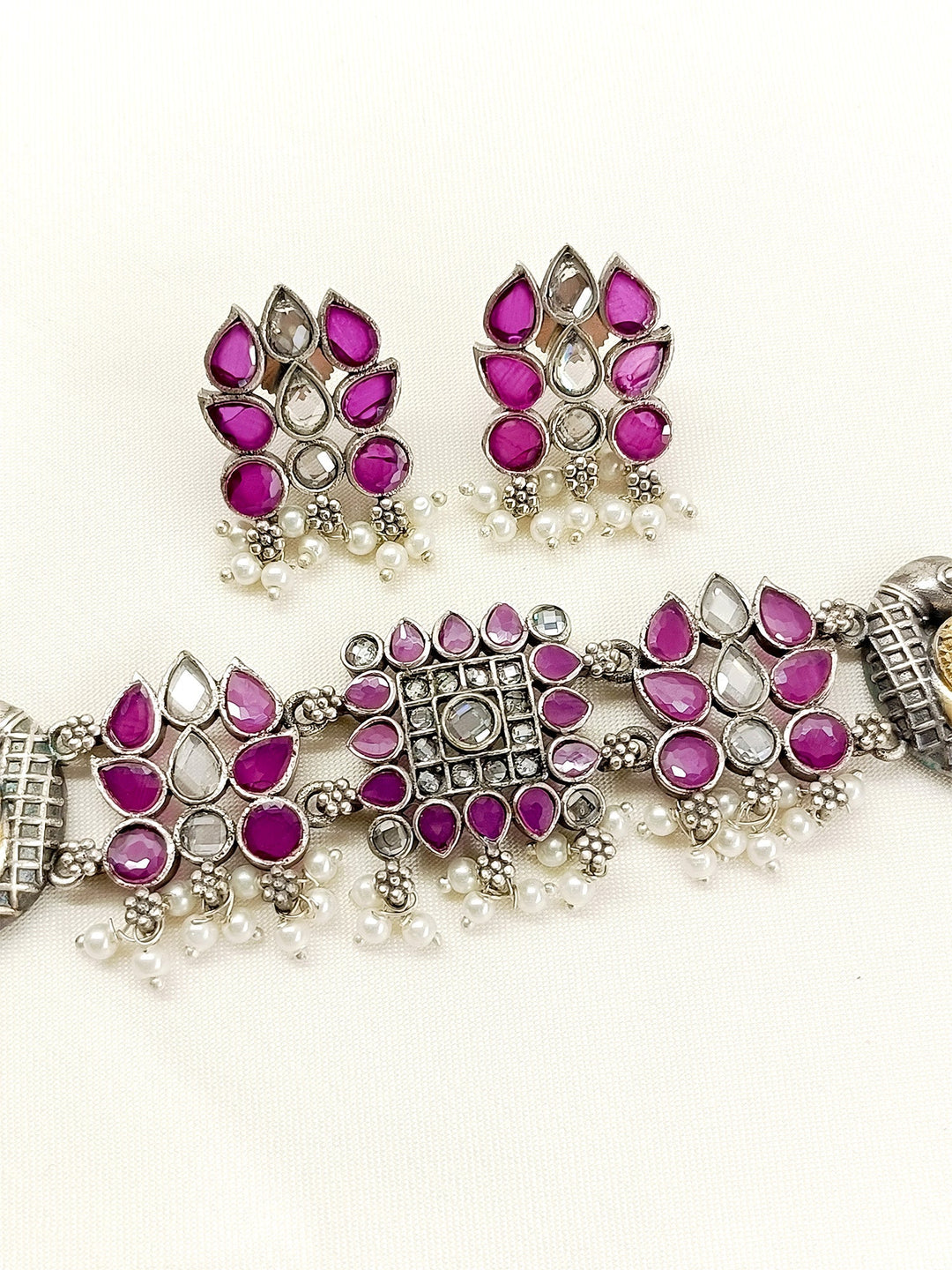 Annabelle Ruby Peacock Oxidized Choker Set - qivii