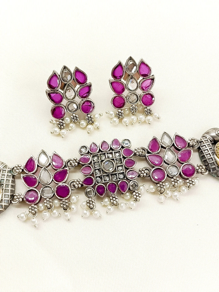 Annabelle Ruby Peacock Oxidized Choker Set - qivii