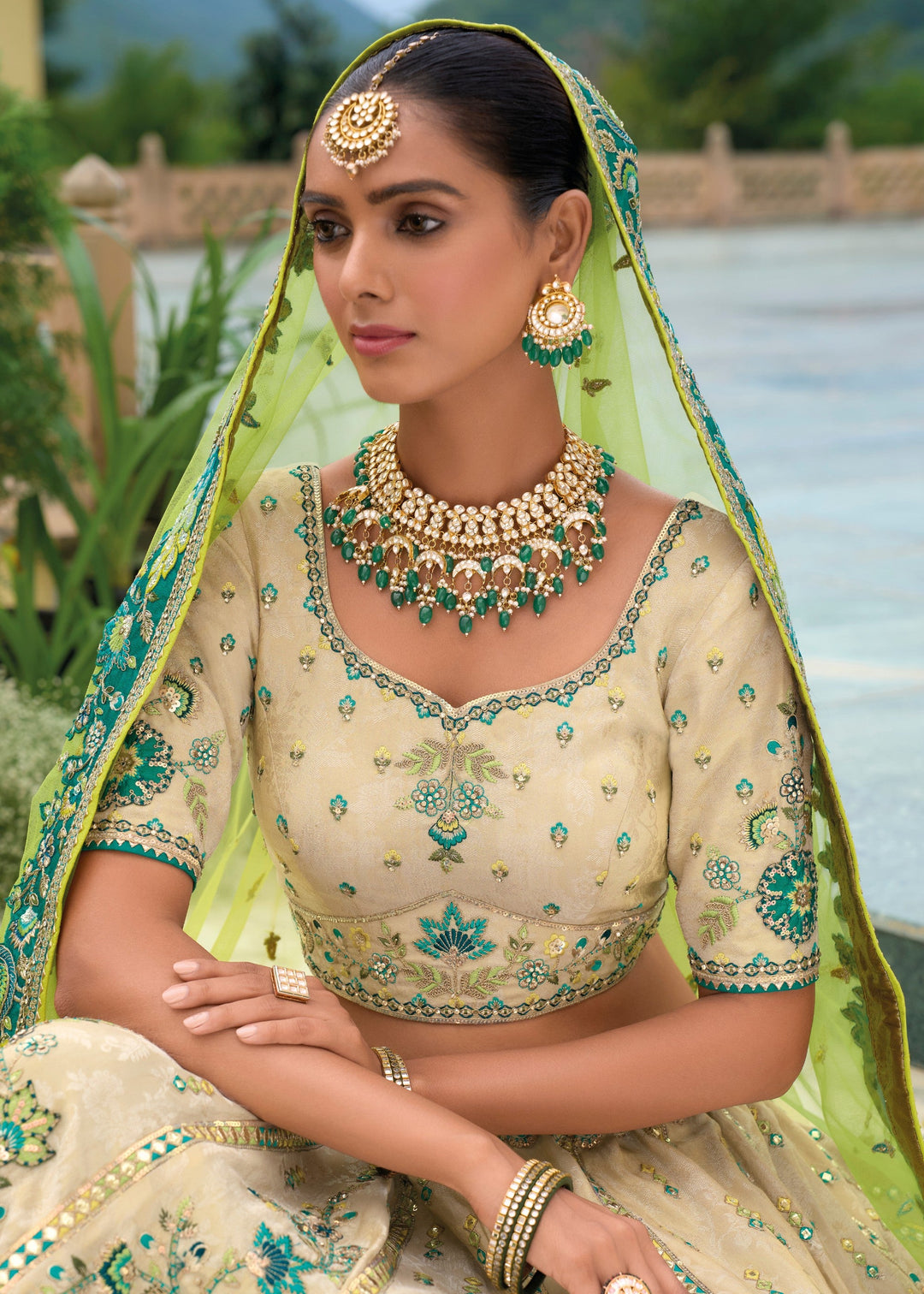 Green And White Banarasi Silk Lehenga With Heavy Embroidery Work | Ready To Wear - qivii