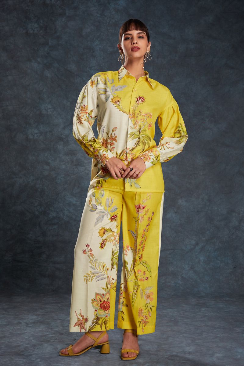 YELLOW LINEN PRINTED TOP,PANT CO-ORD SET - qivii