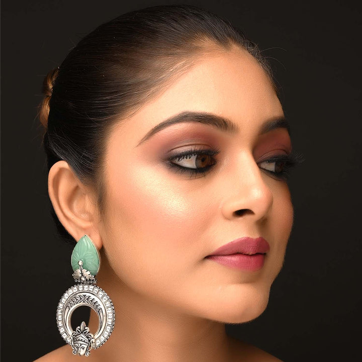 Mayura Mint Green Stone Temple Silver Plated Boutique Earrings, elegant and stylish