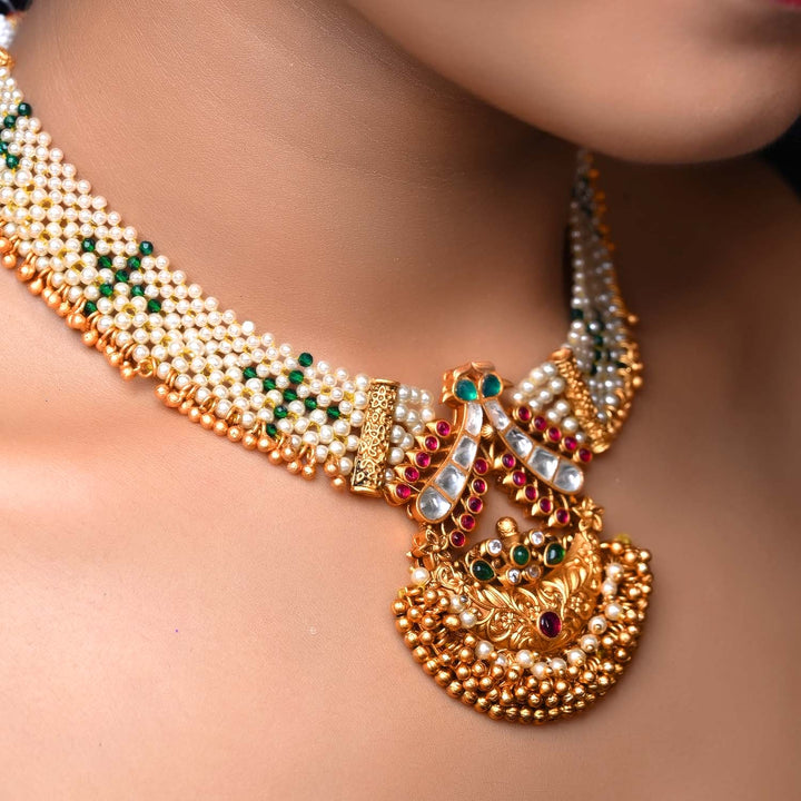 Gorgeous Indian design with rose pink and green stone temple work gold plated antique set necklace and earrings