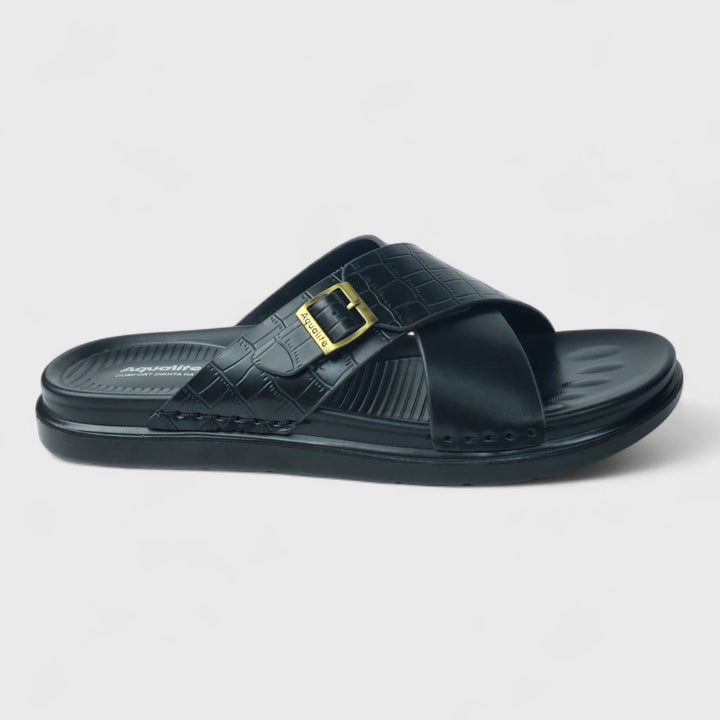 AQUALITE PG2123 BLACK Men's Chappal/Flip flop/ Slipper/Extra Soft Chappal/Slipper Ethnic Wear Leather With Adjustable Buckle Strap/Navratri Fashion Footwear. - qivii