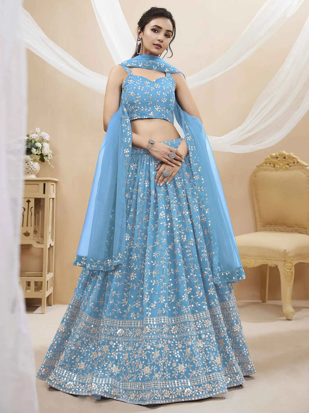 Sky Blue Georgette Lehenga With Sequins And Zari Embroidery Work - qivii