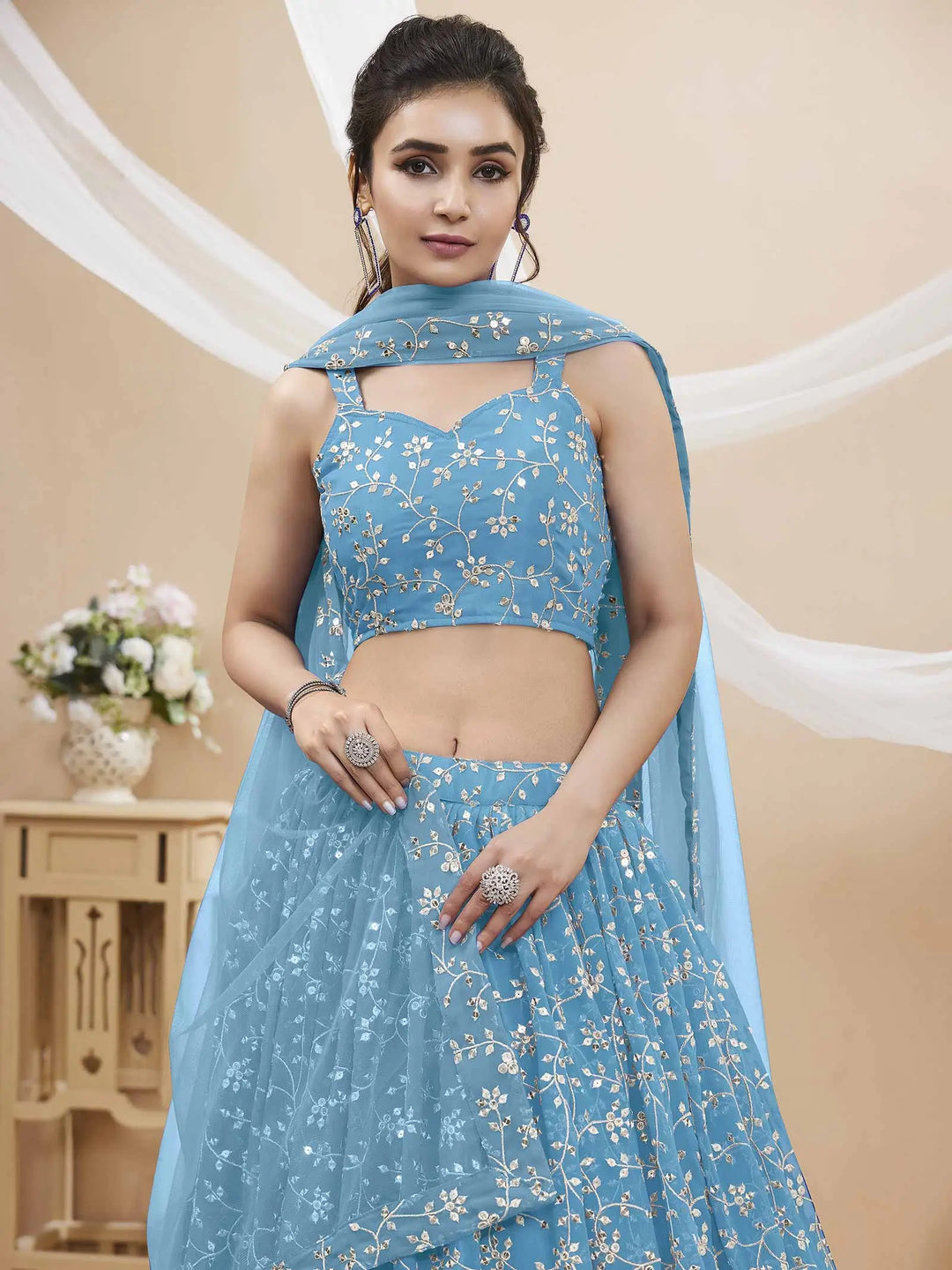 Sky Blue Georgette Lehenga With Sequins And Zari Embroidery Work - qivii