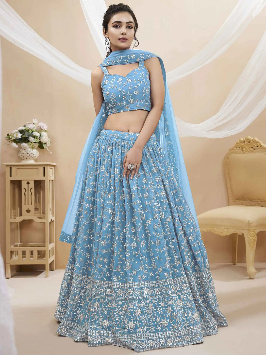 Sky Blue Georgette Lehenga With Sequins And Zari Embroidery Work - qivii