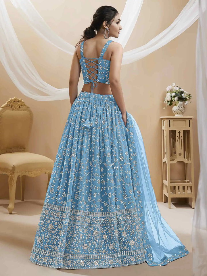 Sky Blue Georgette Lehenga With Sequins And Zari Embroidery Work - qivii