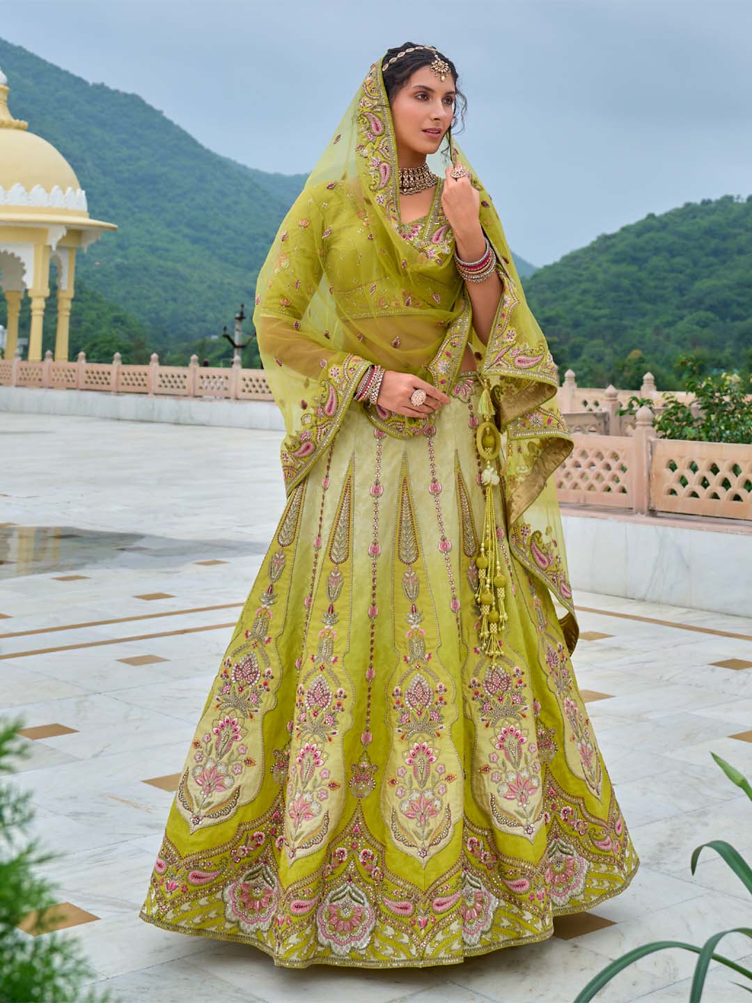 Limegreen Shade Heavy Designer Embroidered Patchwork Silk Semi Stitched Lehenga Choli - qivii