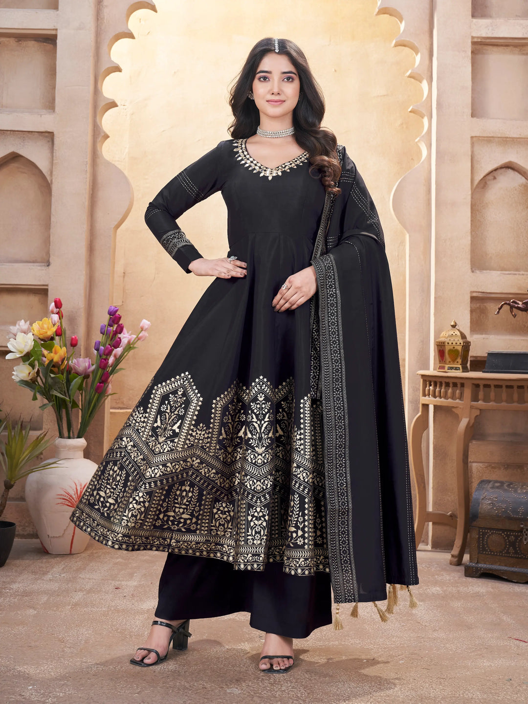 Black Mirror Work And Foil Print Gown With Dupatta - qivii