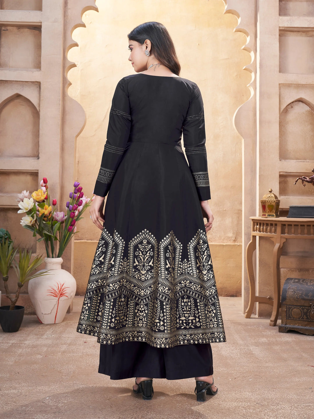 Black Mirror Work And Foil Print Gown With Dupatta - qivii