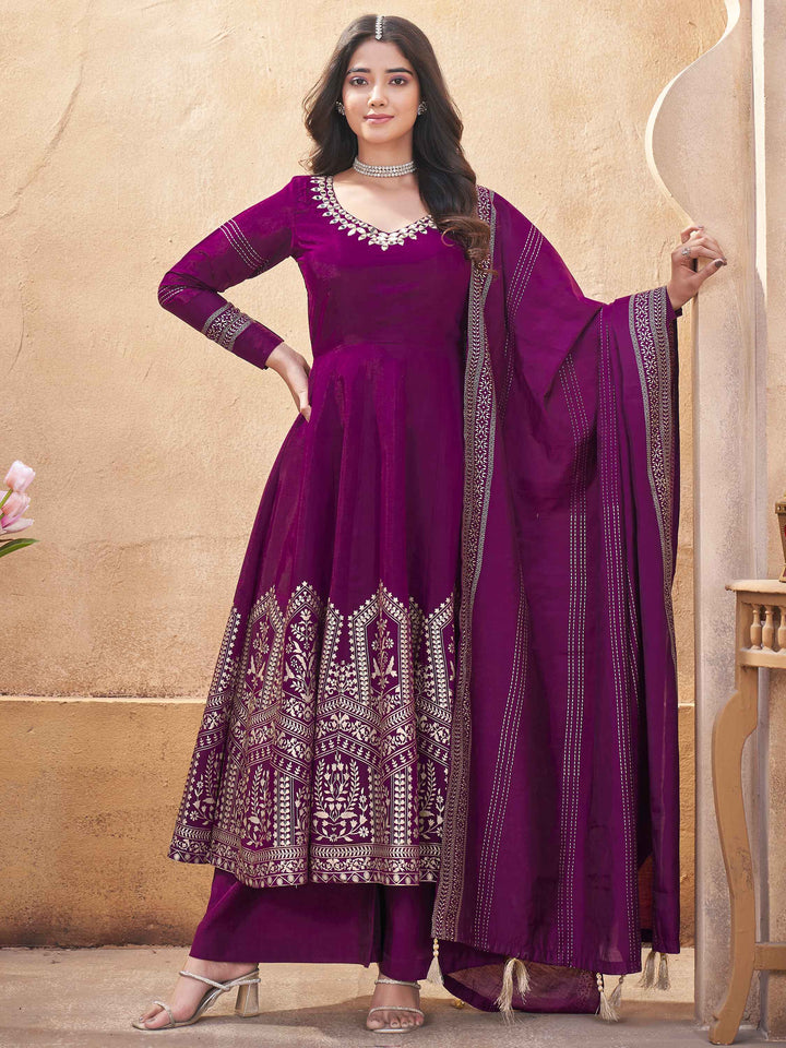 Marvelous Purple Foil Printed Silk Festival Wear Anarkali Suit Palazzo - Elegant and stylish purple silk Anarkali suit with exquisite foil print detailing