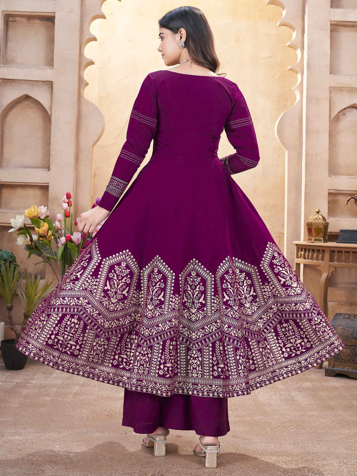 Marvelous Purple Foil Printed Silk Festival Wear Anarkali Suit Palazzo - Elegant Indian ethnic outfit for women with purple foil print and silk fabric