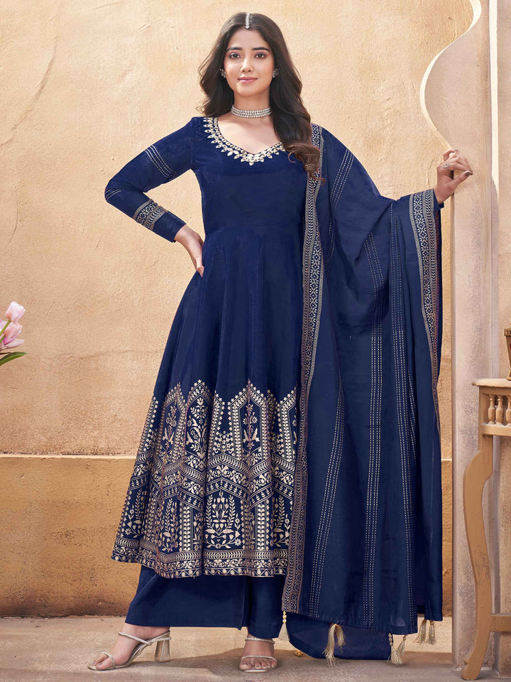 Beautiful Navy Blue Foil Printed Silk Anarkali Suit Palazzo for Function Wear