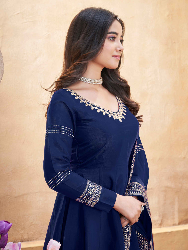 Beautiful Navy Blue Foil Printed Silk Function Wear Anarkali Suit Palazzo - Elegant and stylish navy blue silk Anarkali suit with foil print