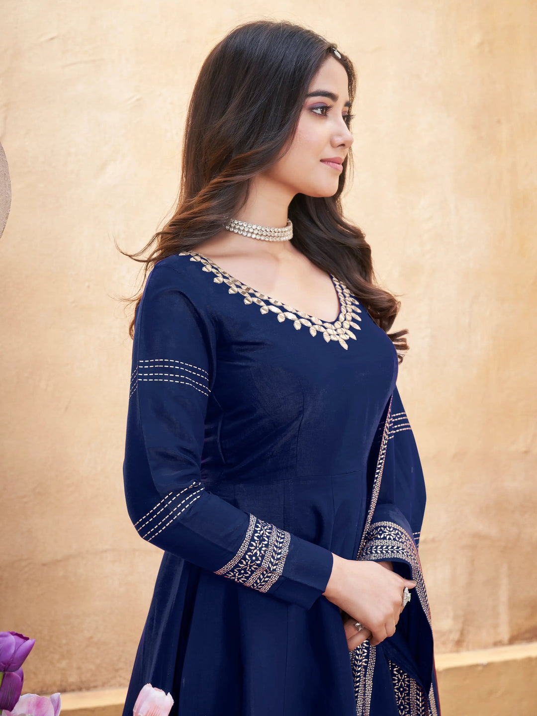 Navy Blue Mirror Work And Foil Print Gown With Dupatta - qivii