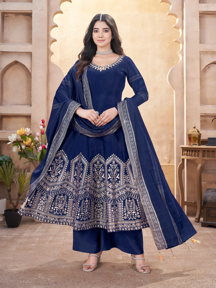 Navy Blue Mirror Work And Foil Print Gown With Dupatta - qivii