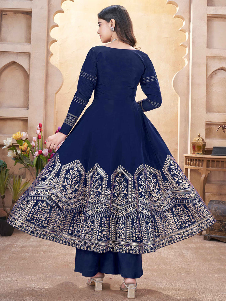 Beautiful navy blue foil printed silk anarkali suit with palazzo for special occasions