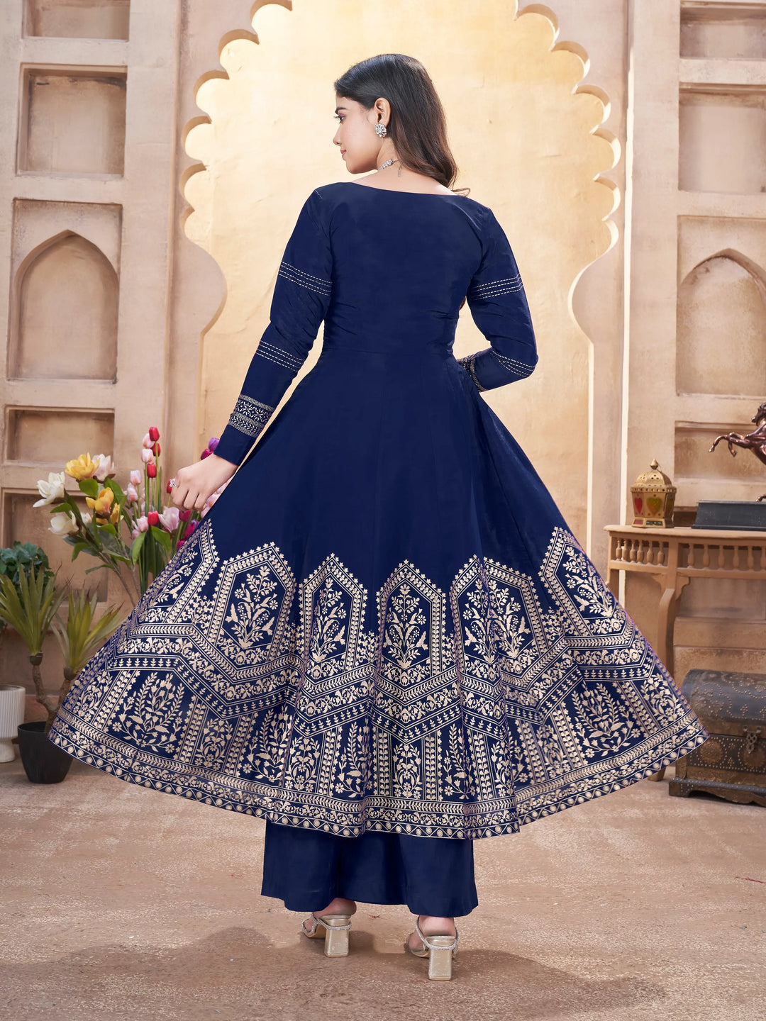 Navy Blue Mirror Work And Foil Print Gown With Dupatta - qivii