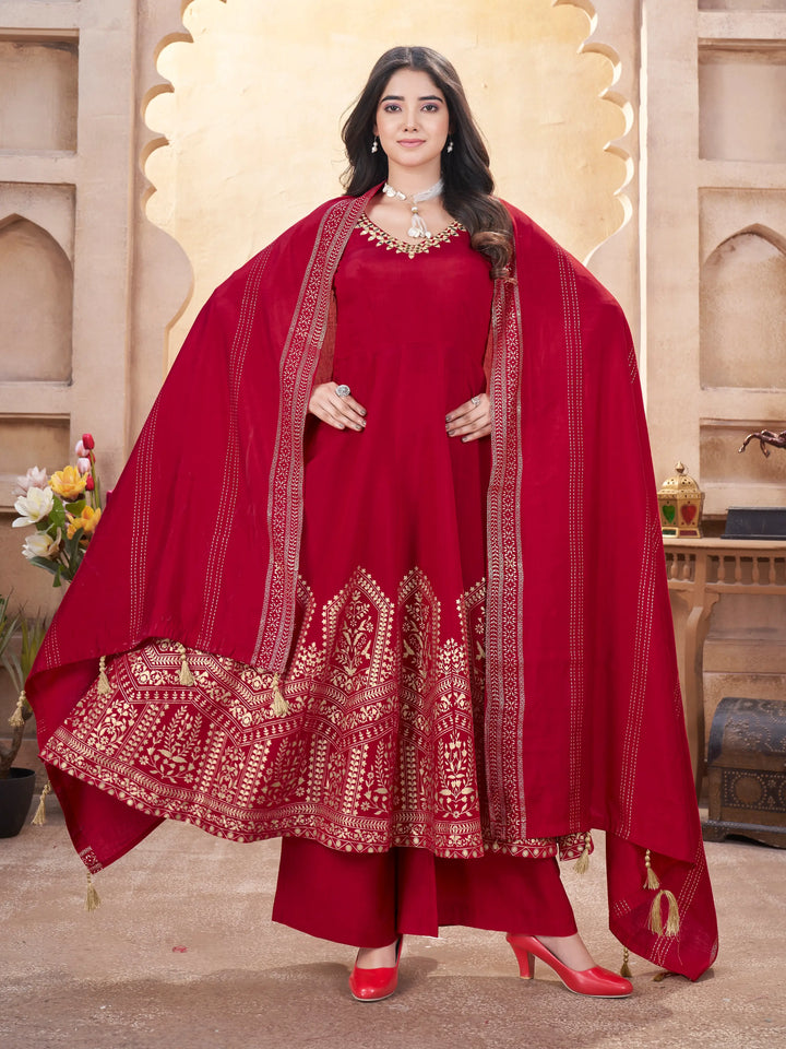 Red  Work And Foil Print Gown With Dupatta - qivii