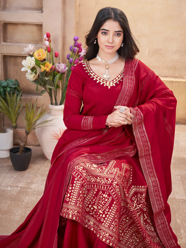 Red  Work And Foil Print Gown With Dupatta - qivii