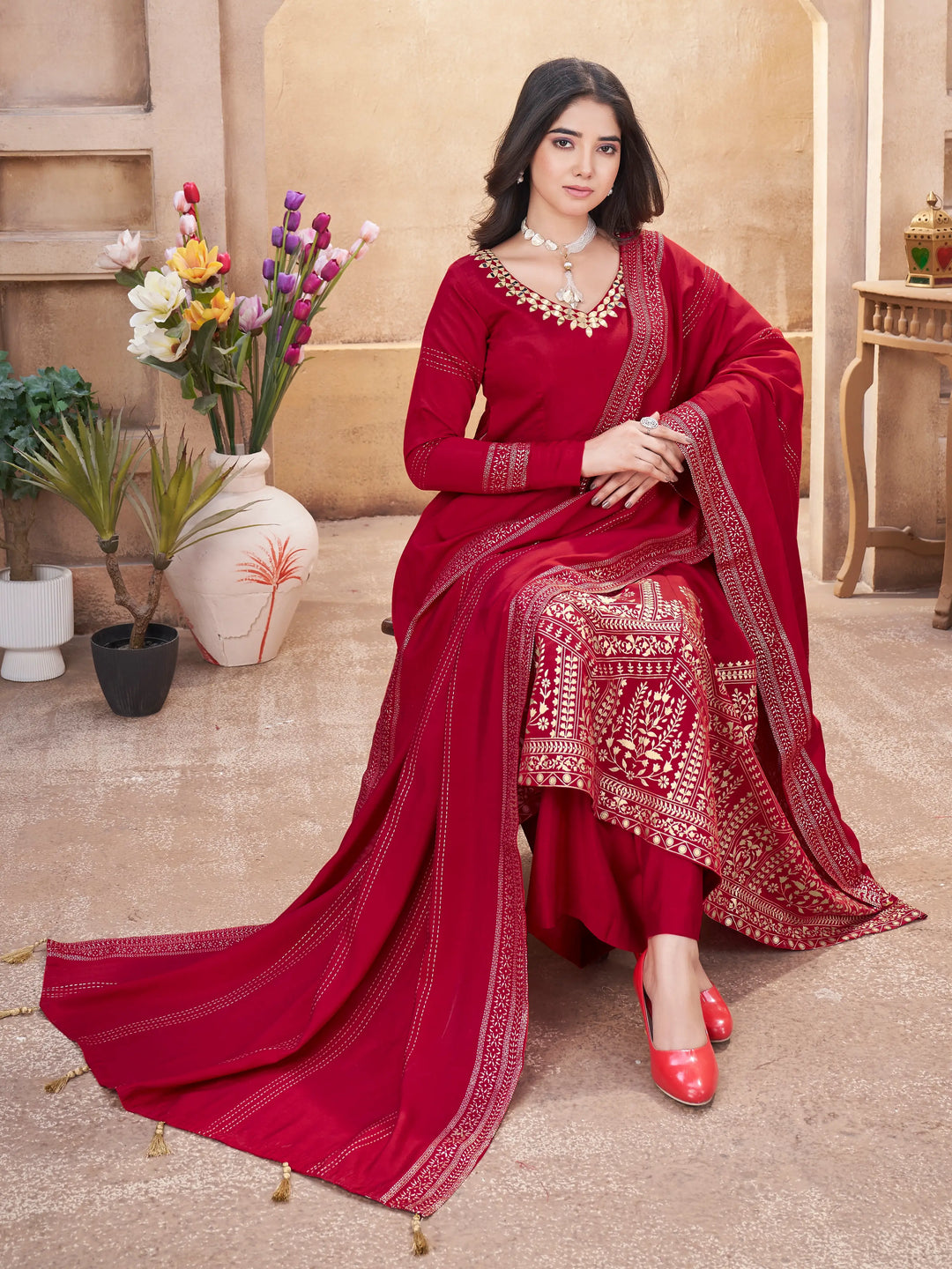 Red  Work And Foil Print Gown With Dupatta - qivii