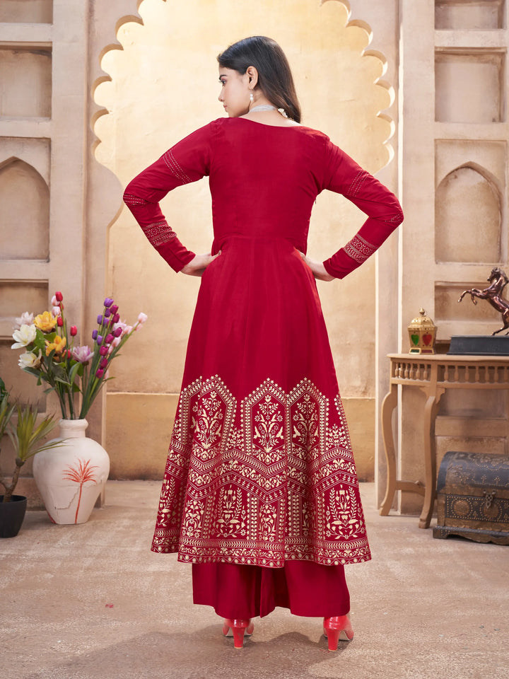 Red  Work And Foil Print Gown With Dupatta - qivii