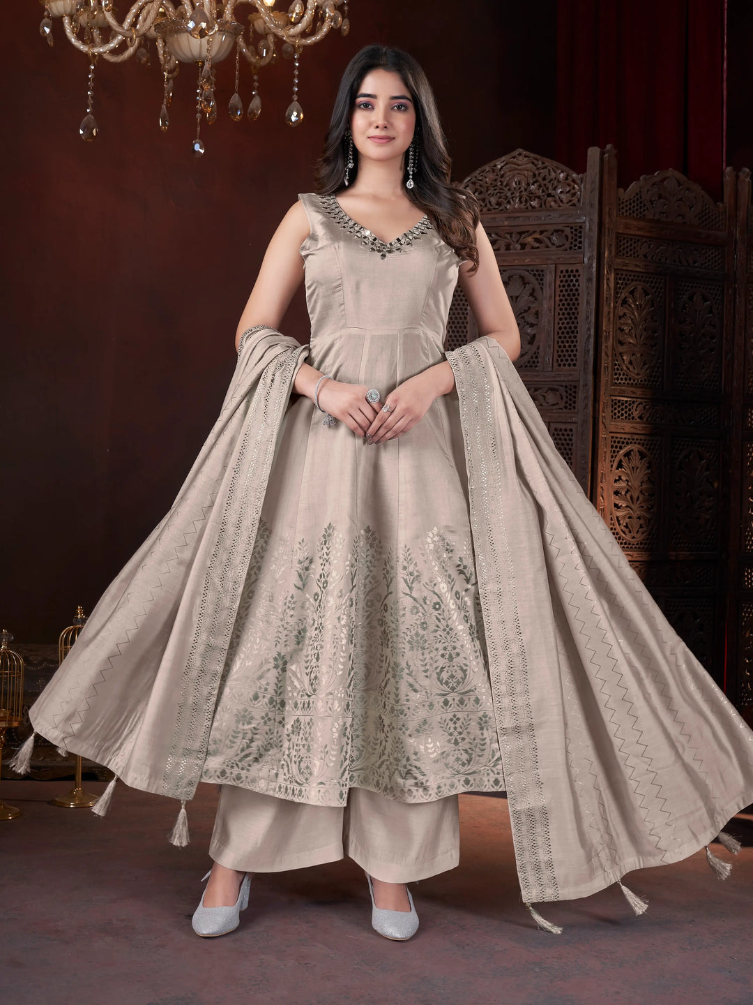 Cream Mirror Work And Foil Print Gown With Dupatta - qivii