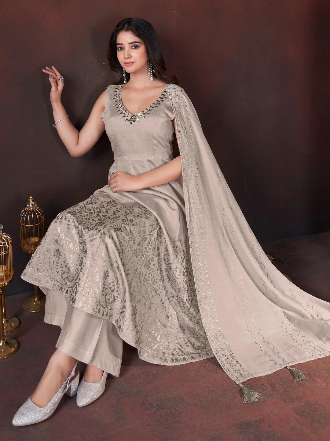 Cream Mirror Work And Foil Print Gown With Dupatta - qivii
