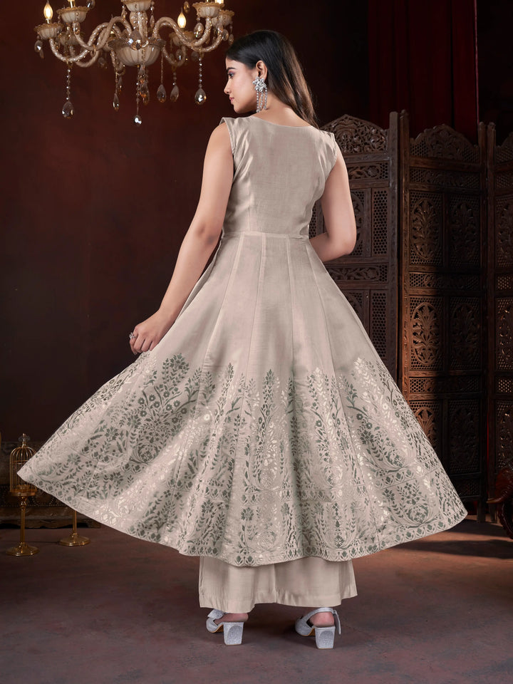 Cream Mirror Work And Foil Print Gown With Dupatta - qivii