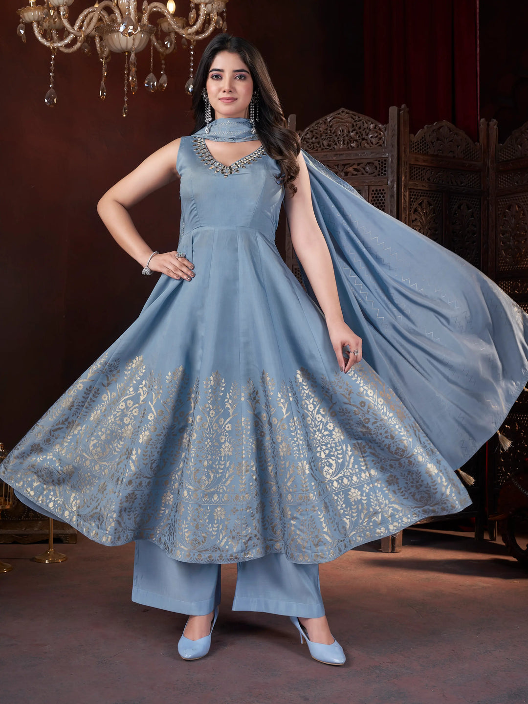 Sky Mirror Work And Foil Print Gown With Dupatta - qivii