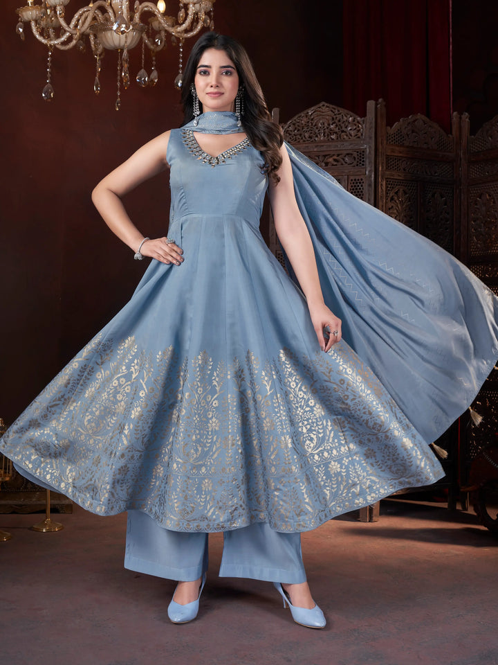 Sky Mirror Work And Foil Print Gown With Dupatta - qivii