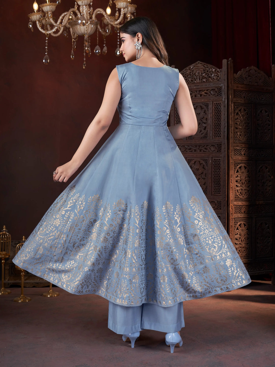 Sky Mirror Work And Foil Print Gown With Dupatta - qivii