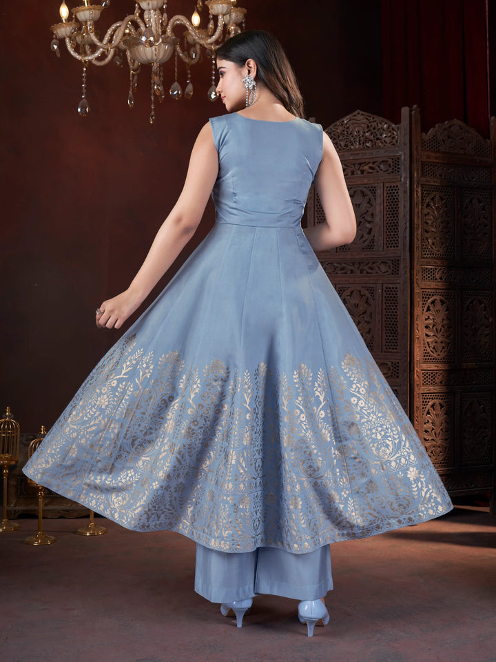 Sky Mirror Work And Foil Print Gown With Dupatta - qivii