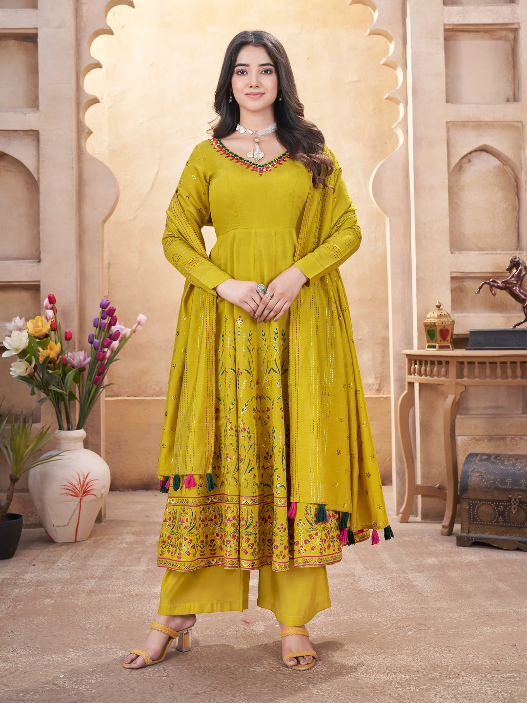 Fluorescent Yellow Mirror Work Silk Gown - qivii