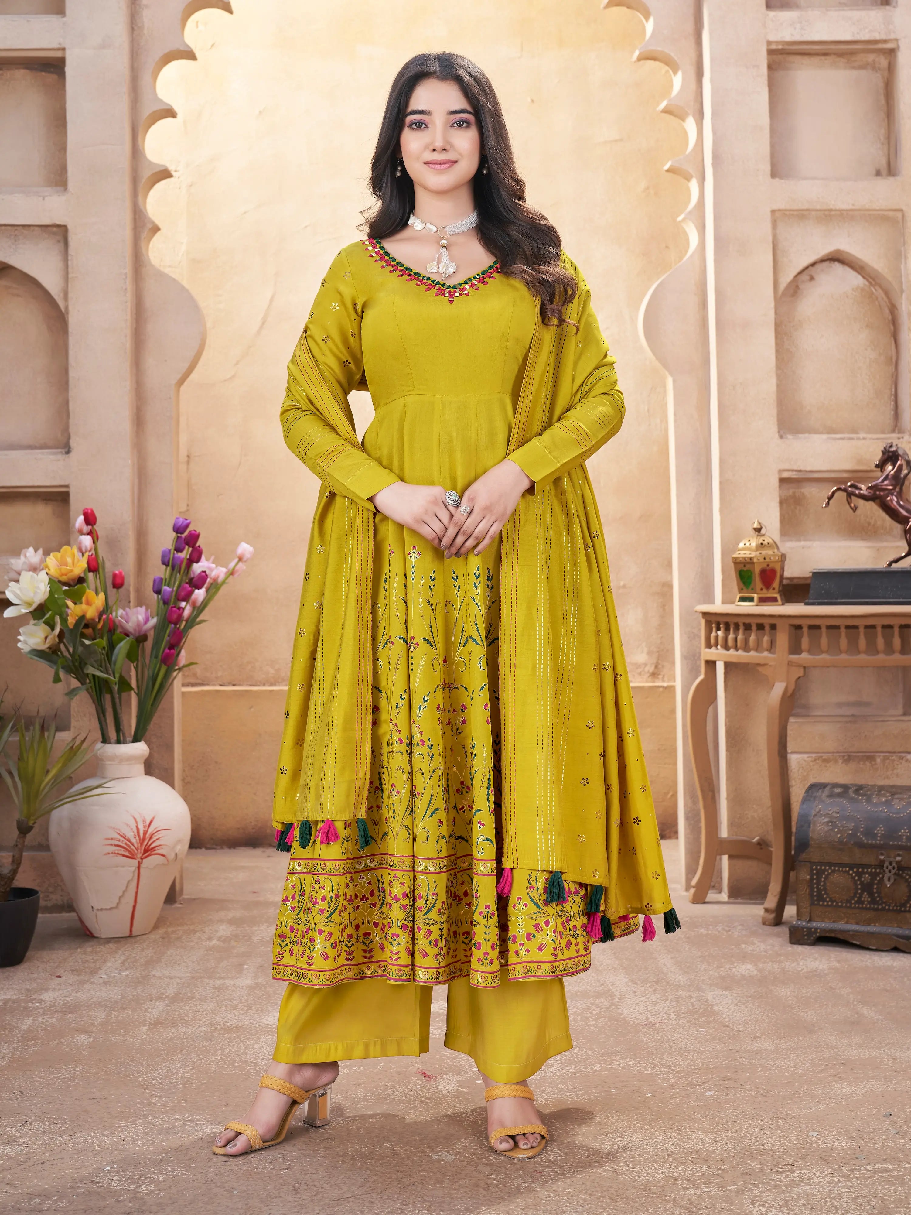 Fluorescent Yellow Mirror Work And Foil Print Silk Salwar Suit