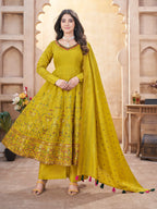 Fluorescent Yellow Mirror Work And Foil Print Silk Salwar Suit