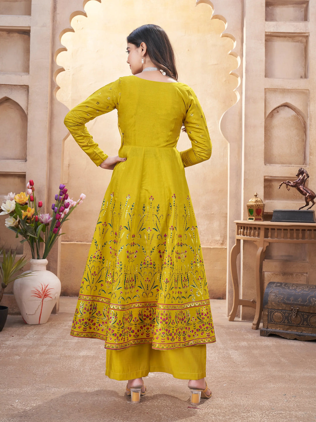 Fluorescent Yellow Mirror Work Silk Gown - qivii